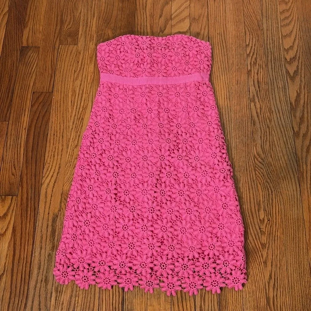 Lilly Pulitzer Bowen Pink Floral Eyelet Lace Strapless Empire Waist Dress Size 0 - Picture 2 of 8
